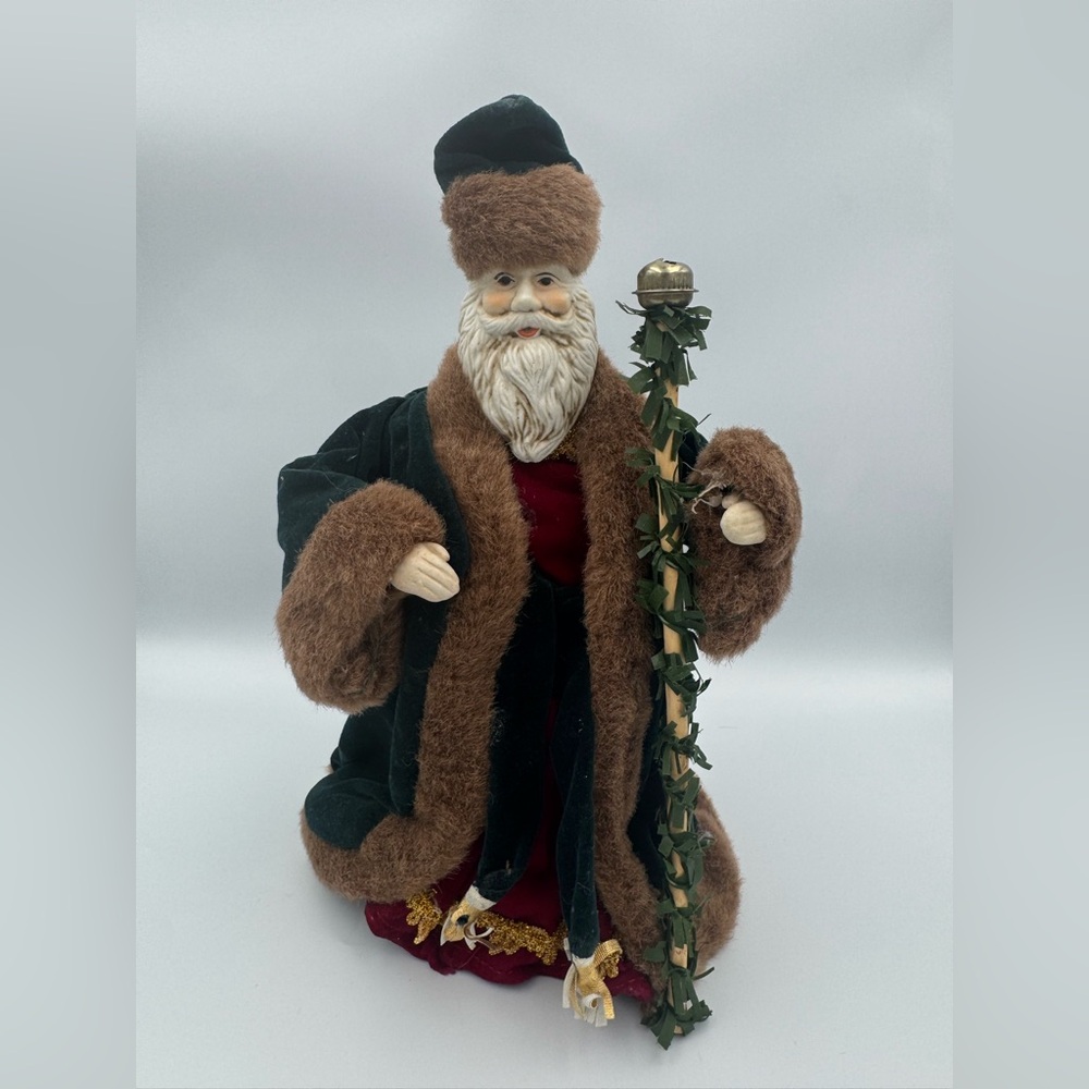 Vintage Victorian Santa Tree Topper Figure Red‎ Green Fur Trim Ceramic Face